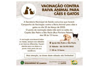 VACINAÇÃO CONTRA RAIVA ANIMAL PARA CÃES E GATOS