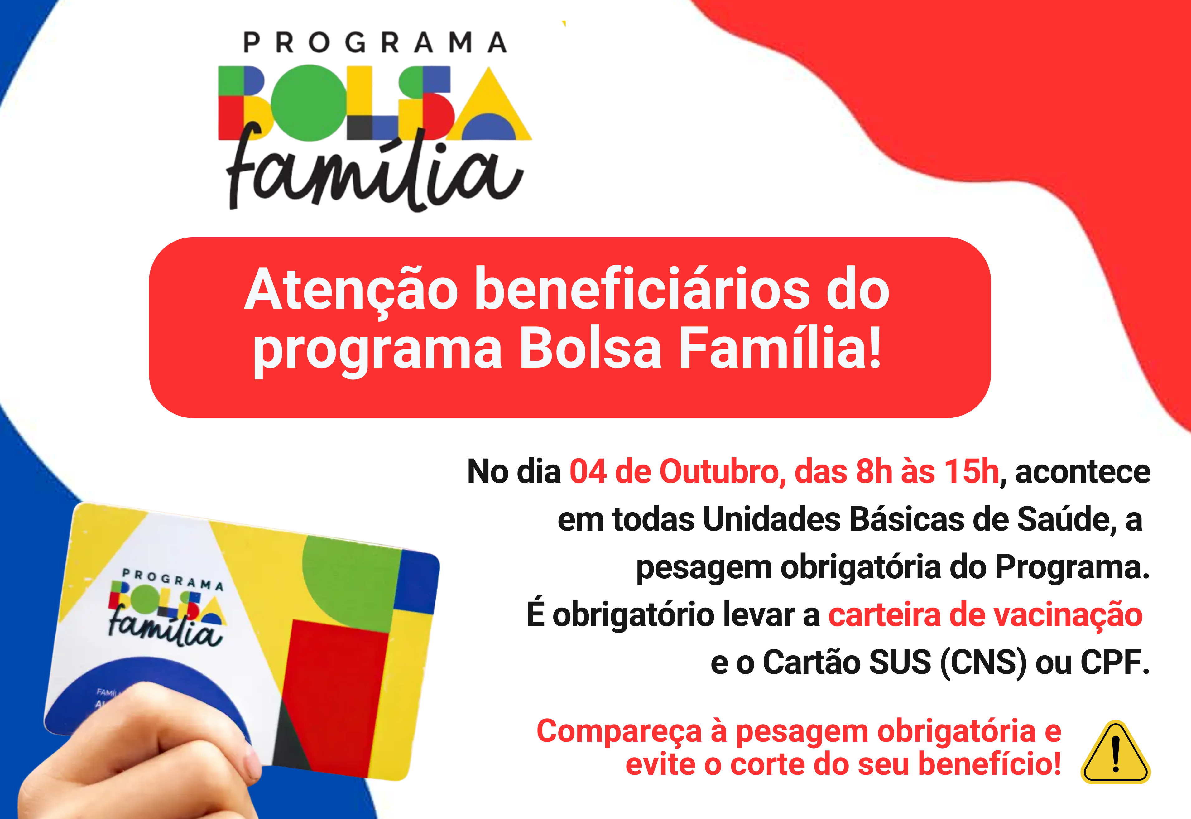 Pesagem obrigatória do Bolsa Família acontece no dia 04 de outubro em todas as UBS